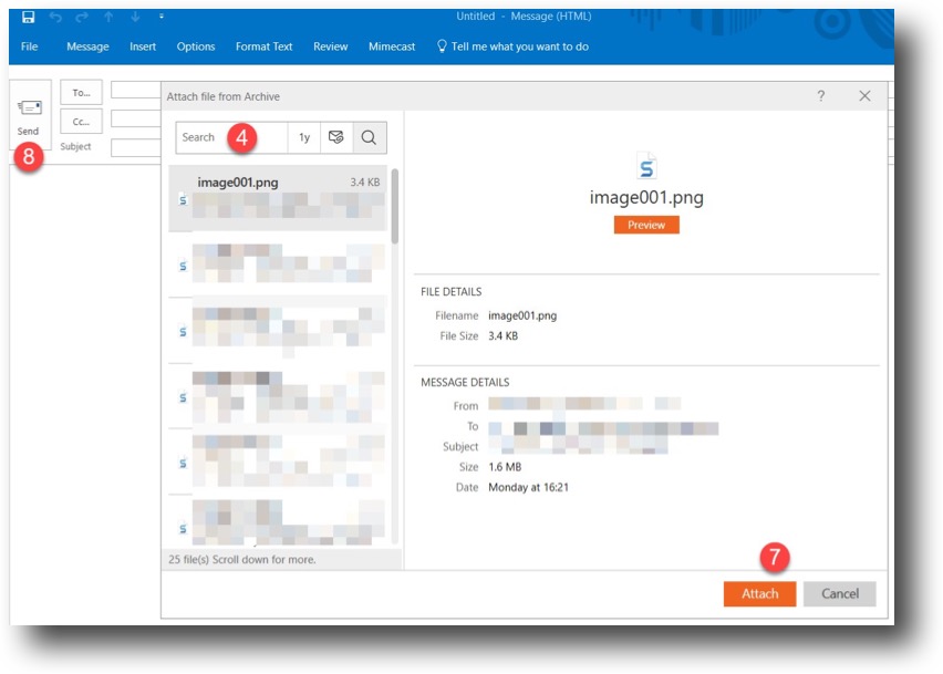 Mimecast for Outlook Attach from Archive
