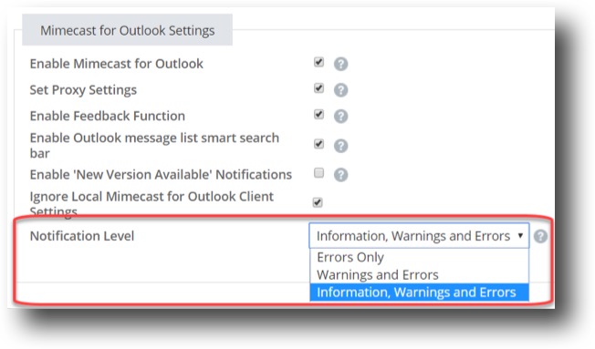 Mimecast for Outlook Group Application Settings