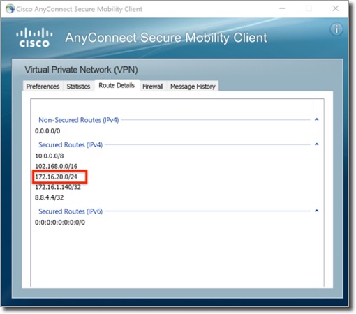Cisco AnyConnect Route Details