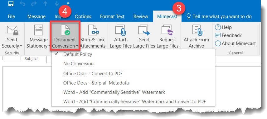 Mimecast for Outlook Applying Document Conversion