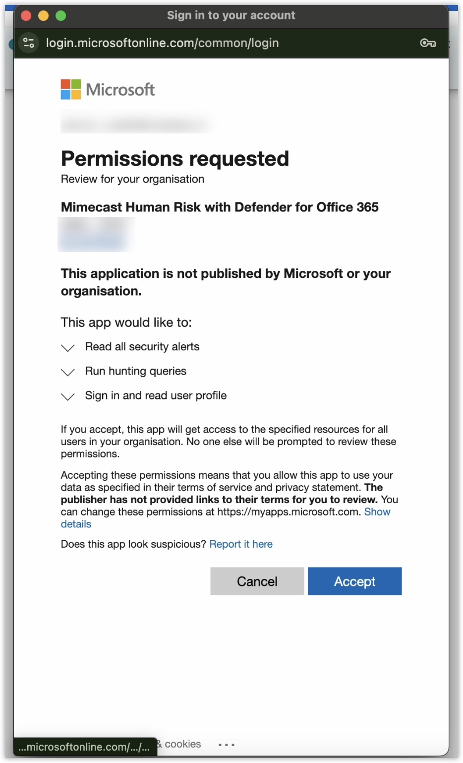 Permissions requested for Mimecast Human Risk with Defener for Office 365
