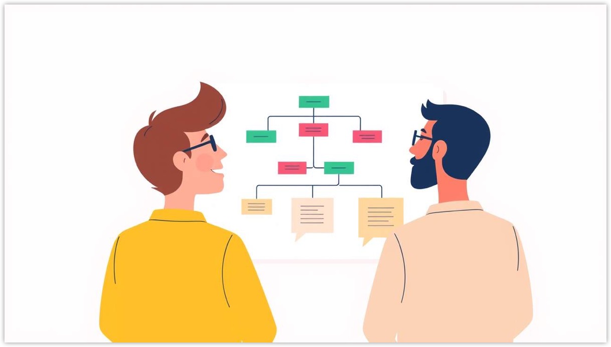 Two people looking at a flowchart