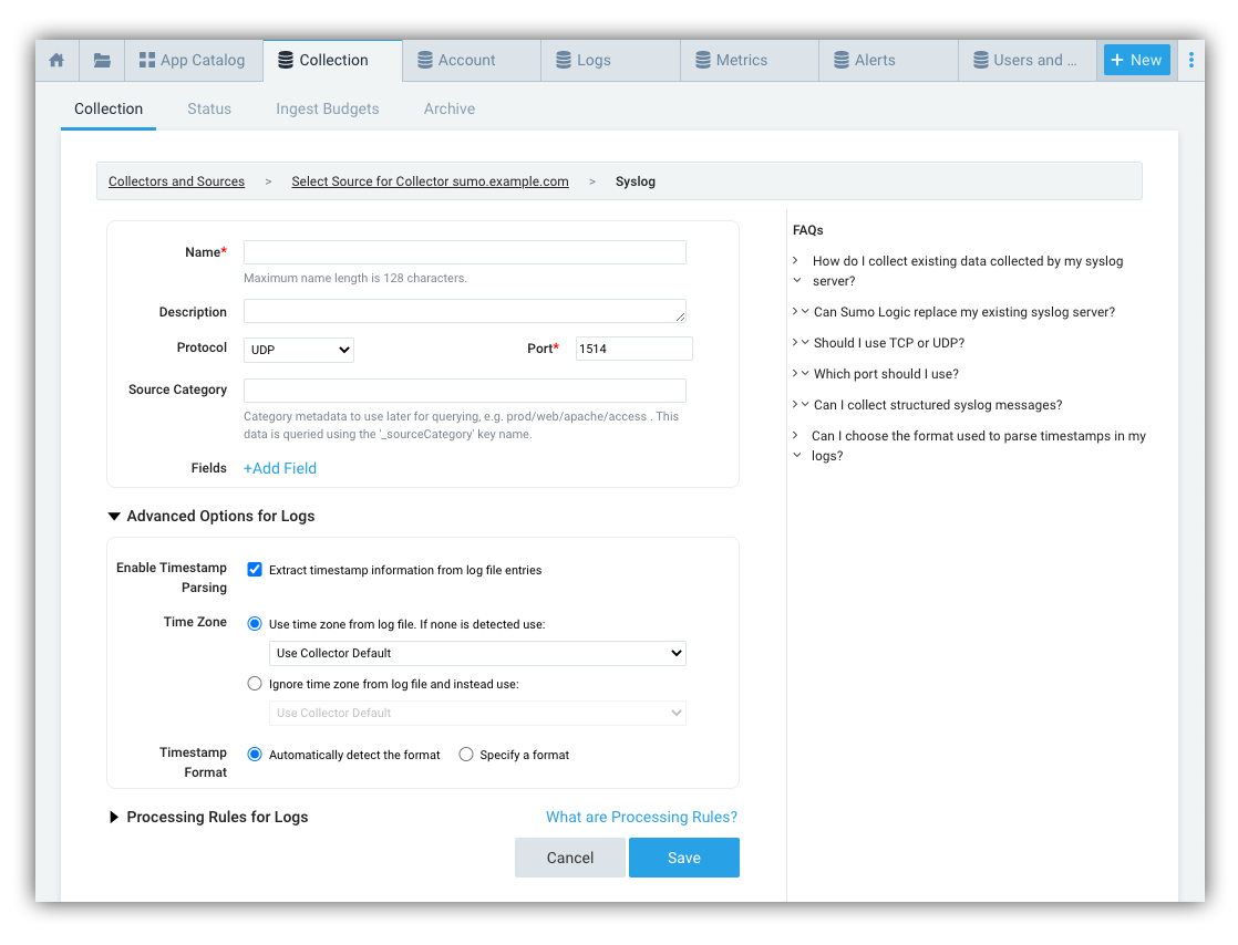 Configure syslog source