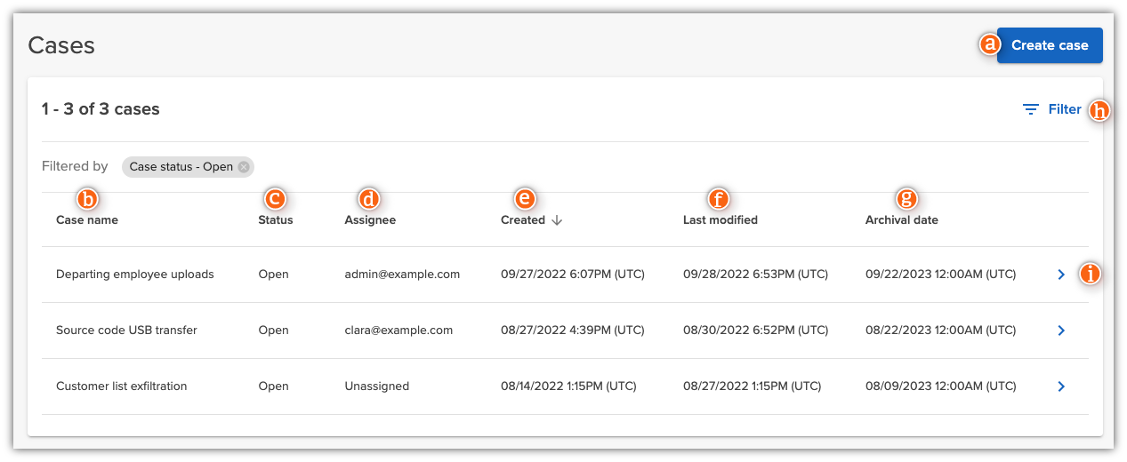 Cases list view