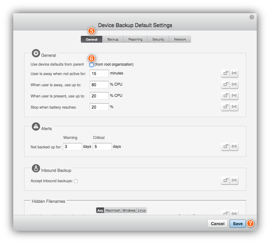 Device backup default settings