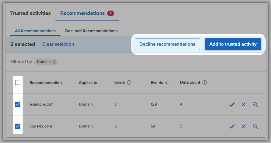 Select multiple trust recommendations to accept or decline