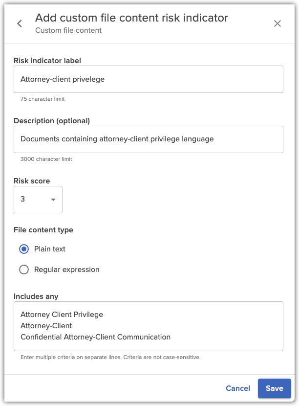 Custom file content risk indicator definition