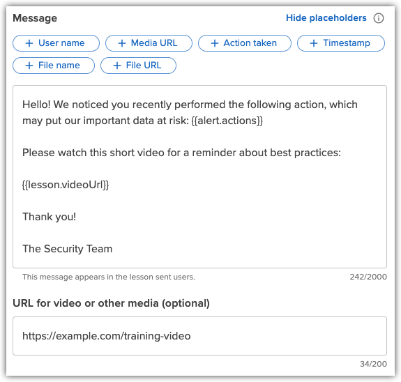 Composing a message to send to users with the custom lesson