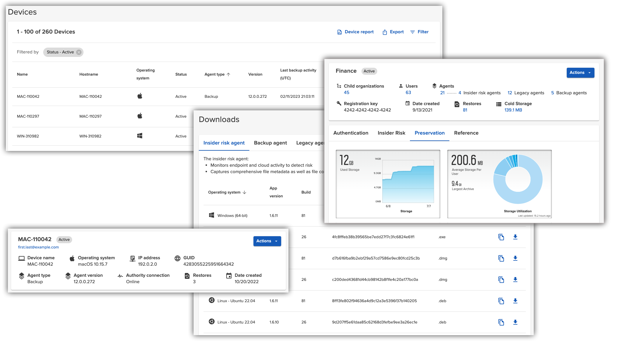 Collage of refreshed Code42 console screens