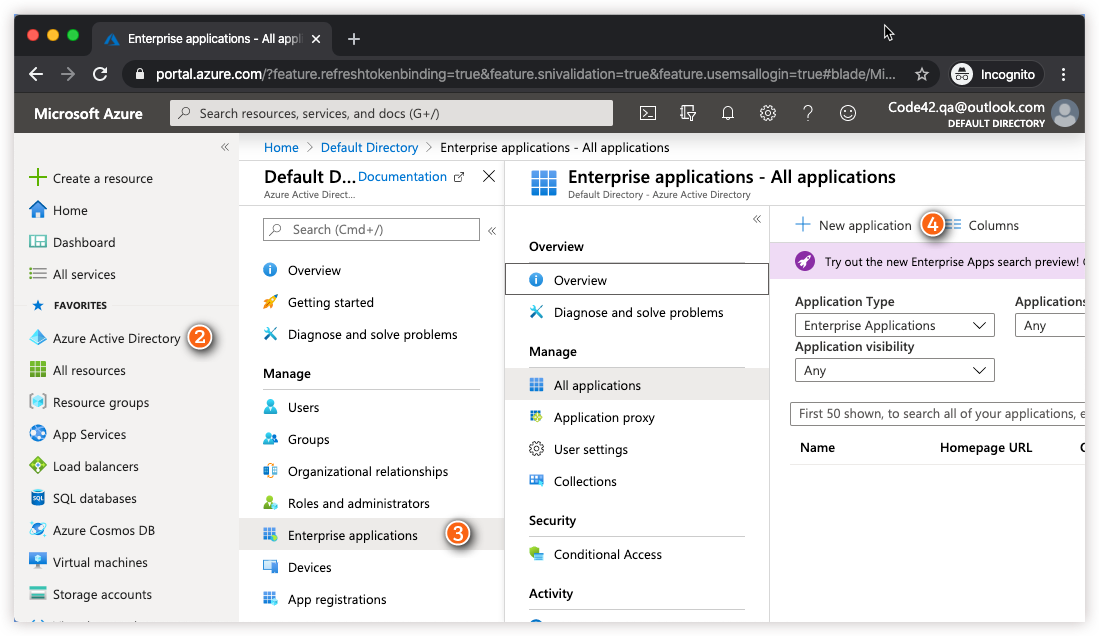 Add new application in Azure