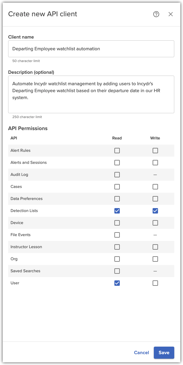 Create new API client dialong