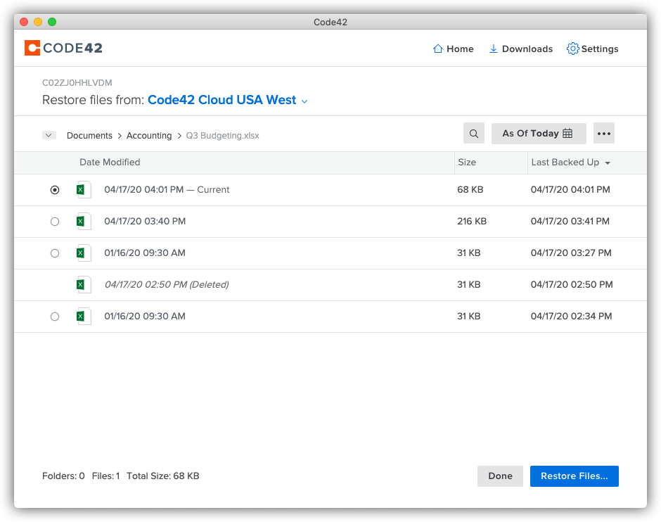 View versions of a file in the Code42 app