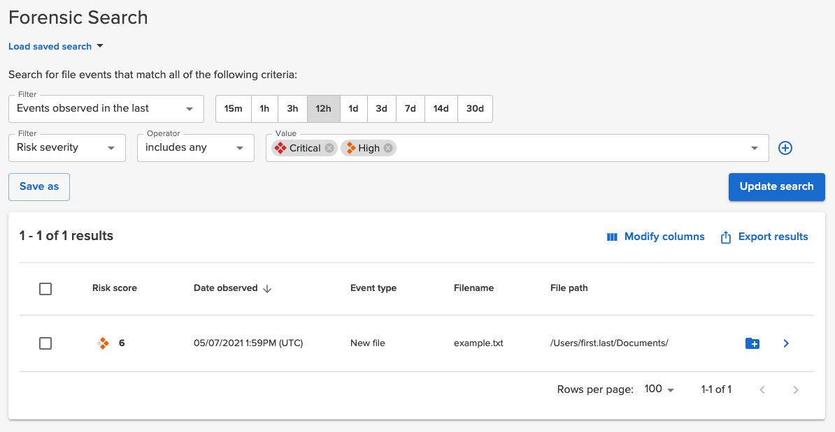 Search critical and high severity file activity in Forensic search