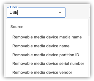 Forensic Search Filter menu suggestions