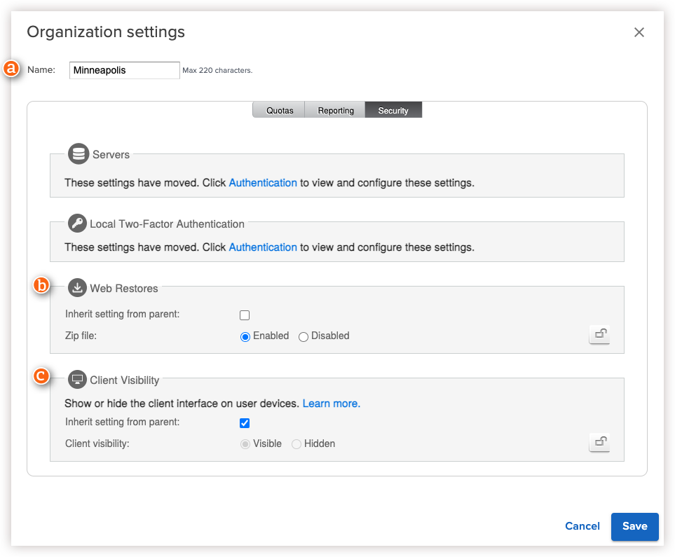 Organization settings Security