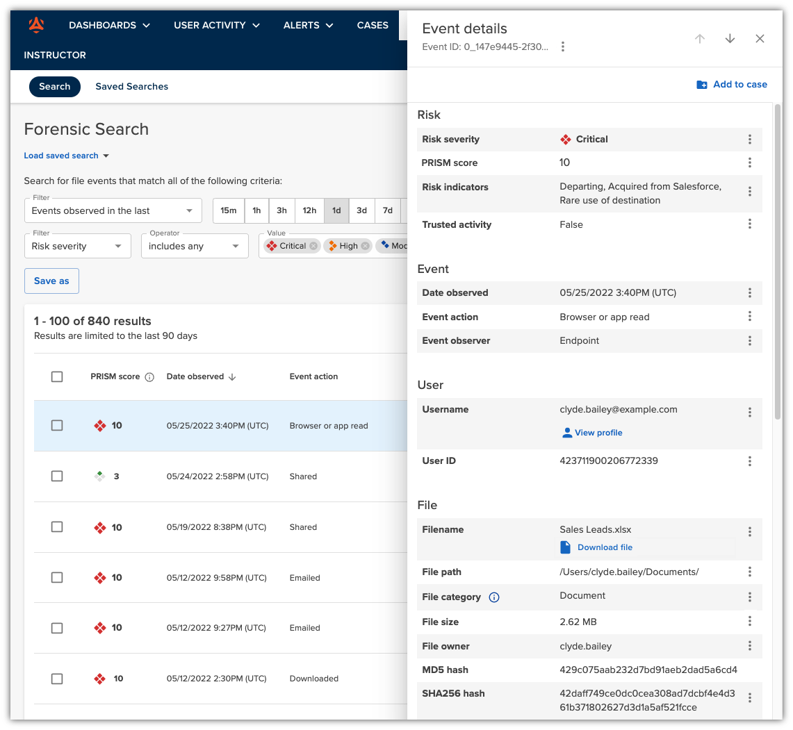 Forensic Search results with expanded file event details