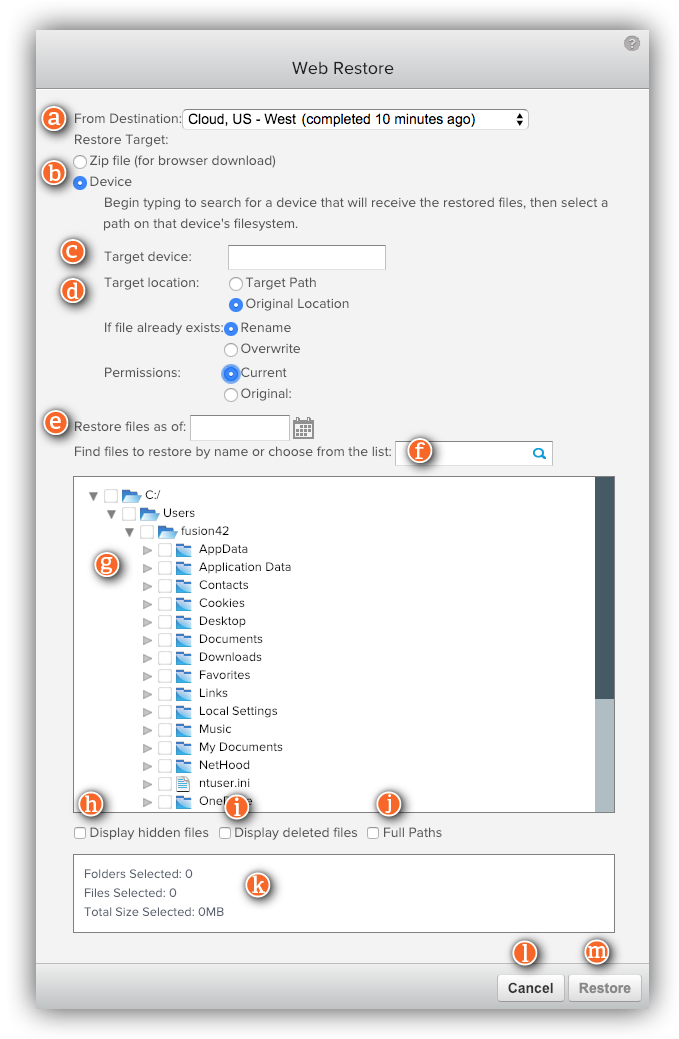 Web Restore administration console dialog