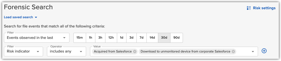 Forensic Search query for Salesforce risk indicators