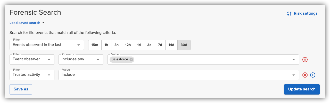Searching for Salesforce downloads to trusted or untrusted devices in Forensic Search