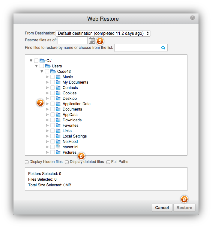 web restore file tree