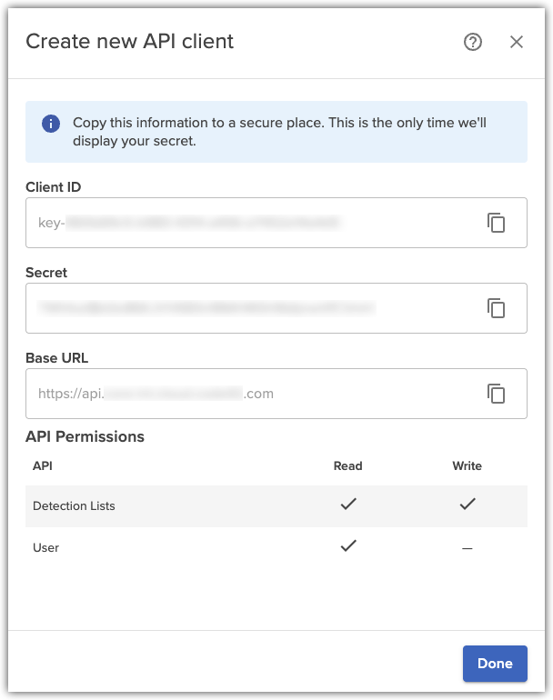 API key and secret for new API client