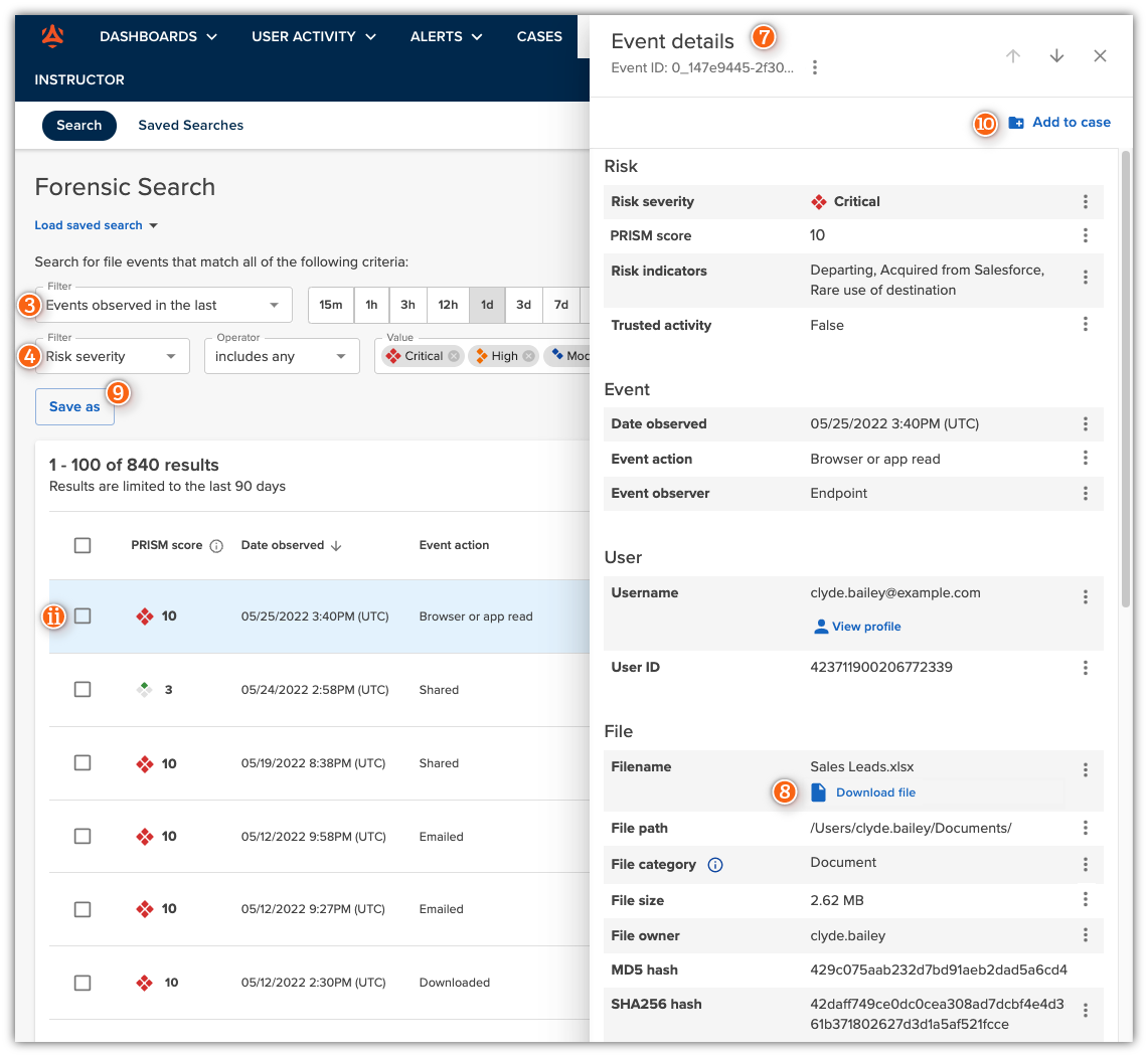 Forensic search results with expanded file event details