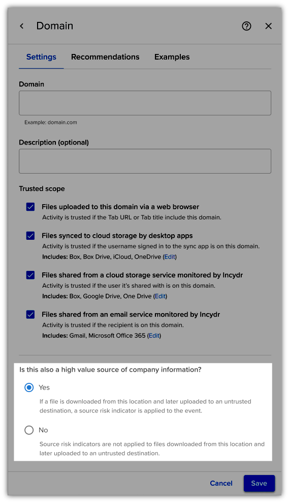 Trusted domain setting for high value source