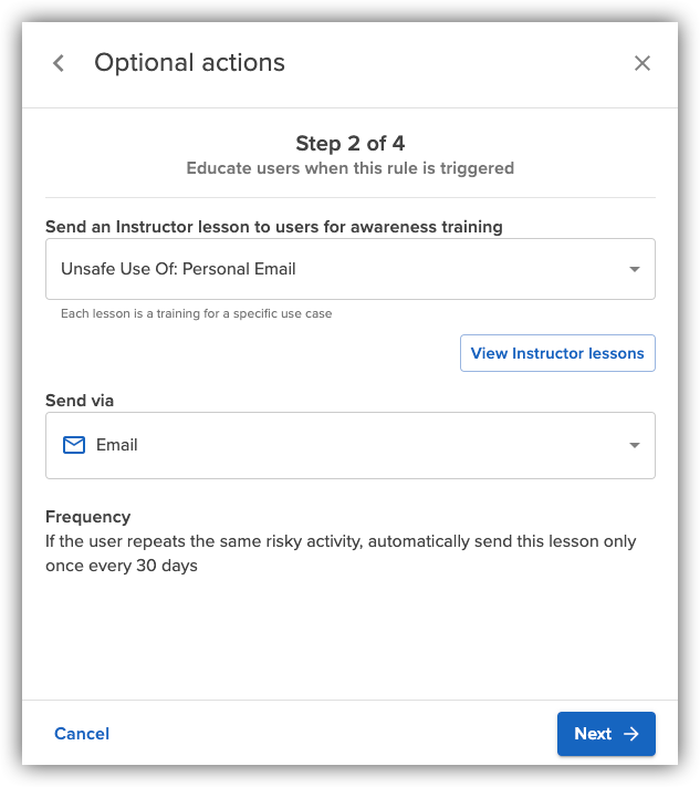 Instructor actions in the alert rule builder