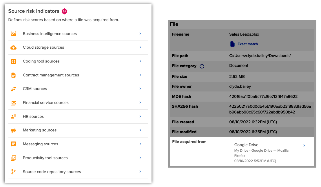 Source risk indicators and file acquired from details