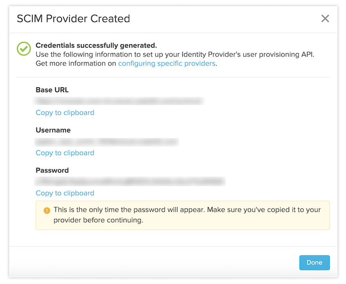 SCIM Provider Created dialog
