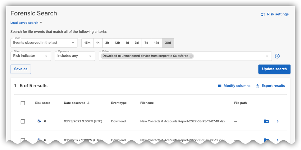 Salesforce downloads to unmonitored devices in Forensic Search