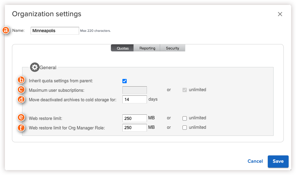 Organization settings Quotas