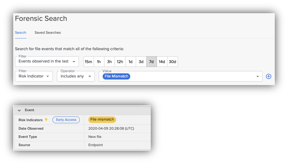 Forensic Search file mismatch risk indicator: search filter and file event details