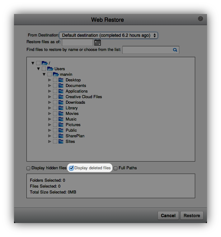Display deleted files in the administration console