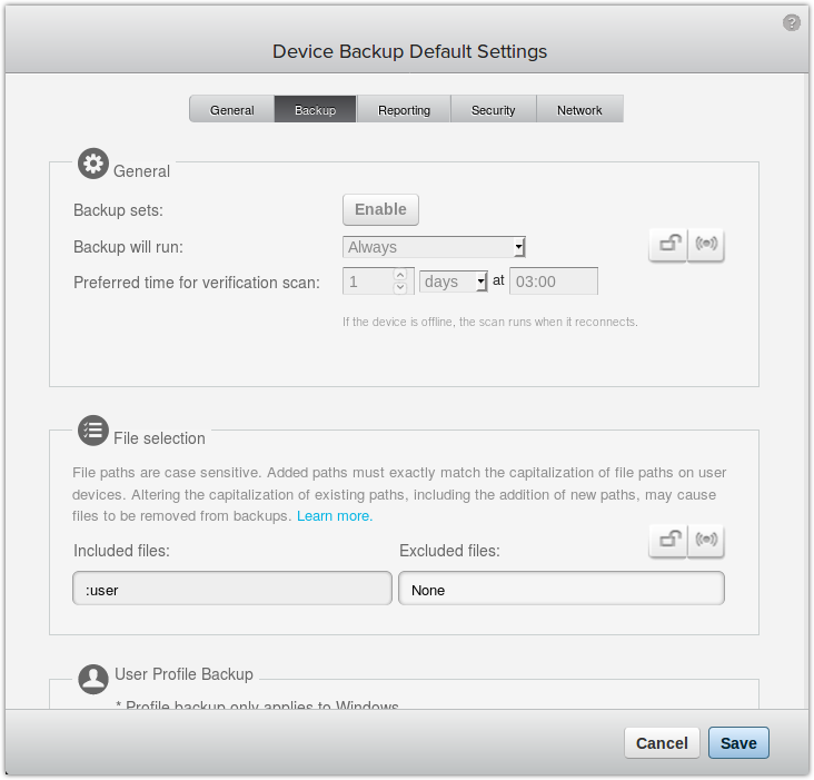 Device - Backup Default Settings - Backup tab