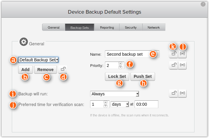 Backup sets settings in the administration console