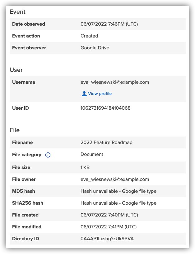 Event details for a new cloud storage file
