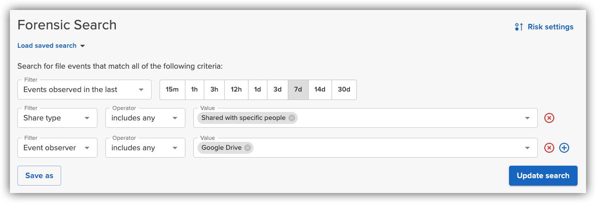 Cloud sharing filters in Forensic Search