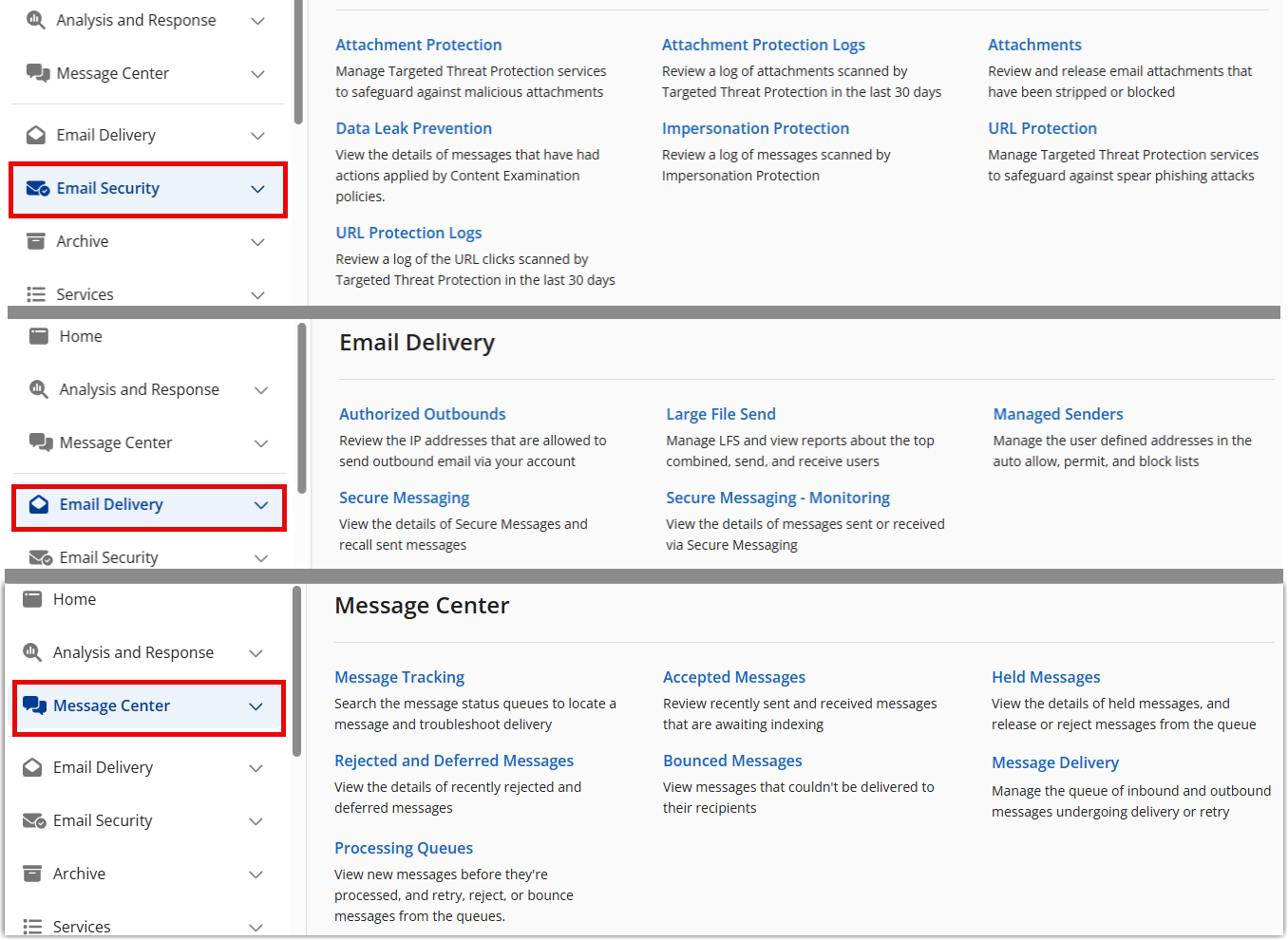NewEmailSecurityEmailDeliveryandMessageCenterMenus.png