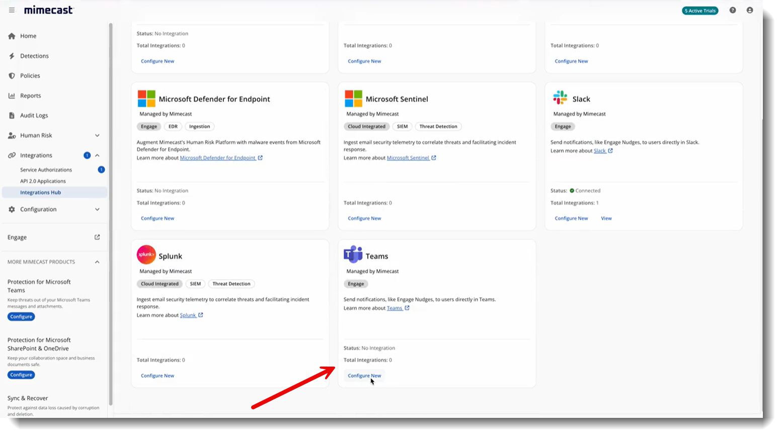 Navigating to the Integrations Hub in Email Security Cloud Integrated, with Teams tile arrowed