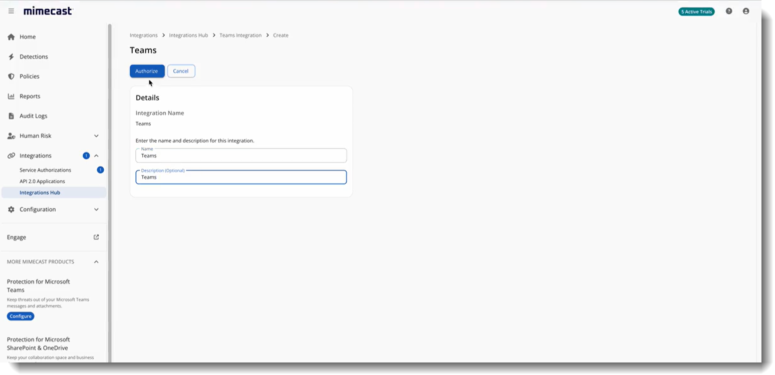Teams Integration screen within Integrations hub, displaying entering of name and description details