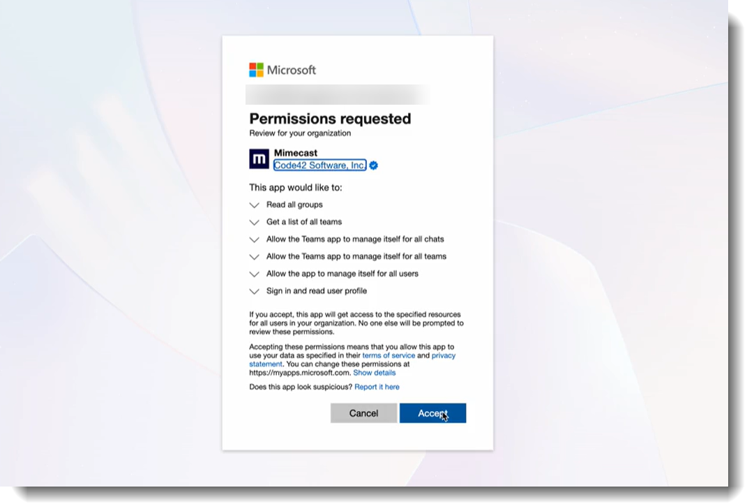 List of Microsoft Permissions, with Cancel and Accept buttons