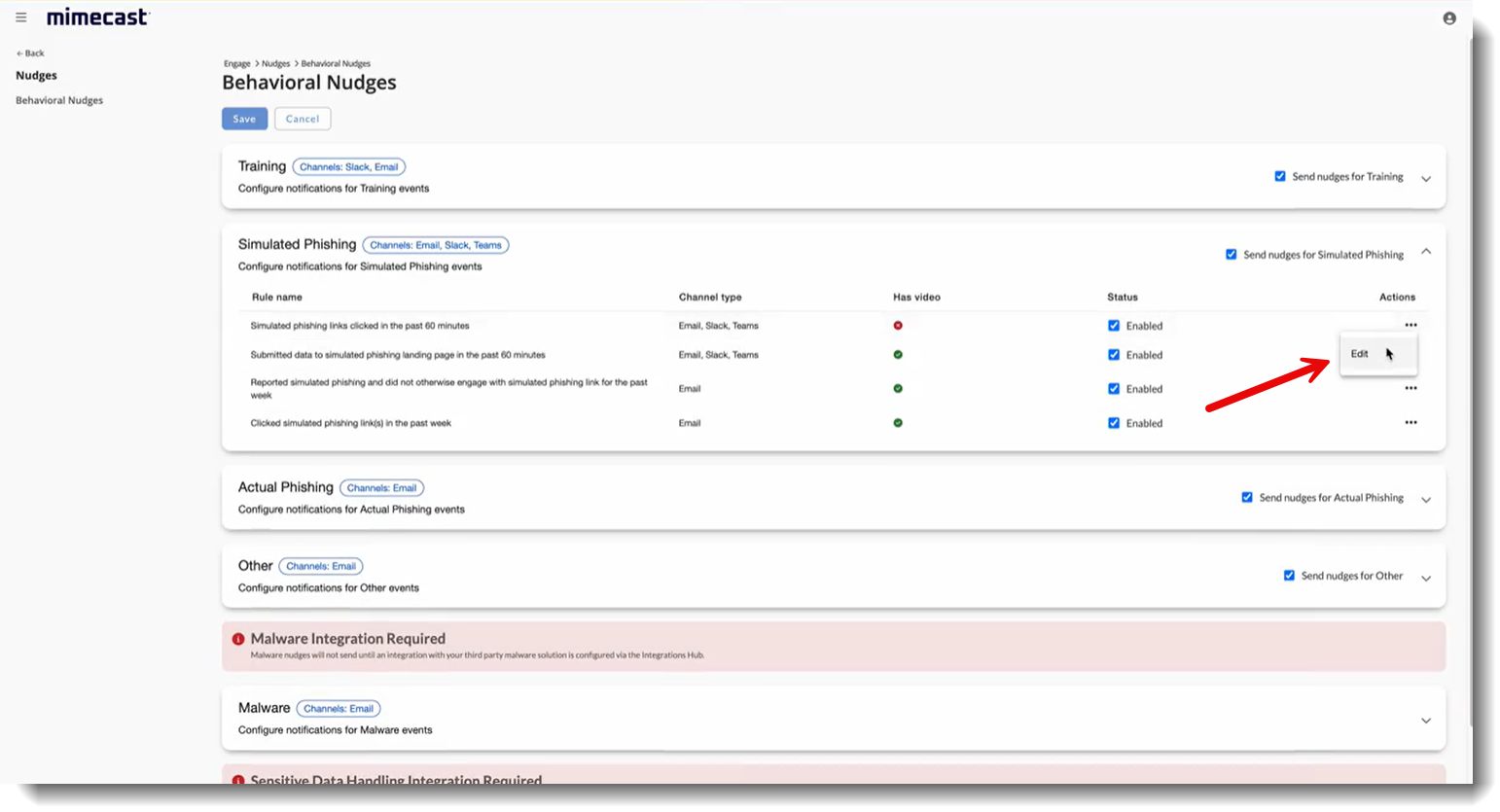 Behavoral Nudges, with navigation for Edit a Simulated Phishing item highlighted