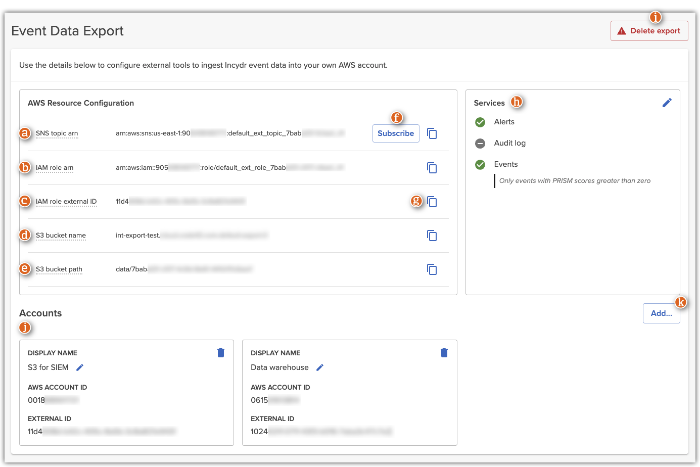 Event data export configuration