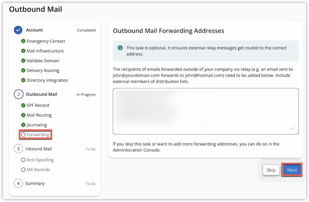Outbound Mail Forwarding Address