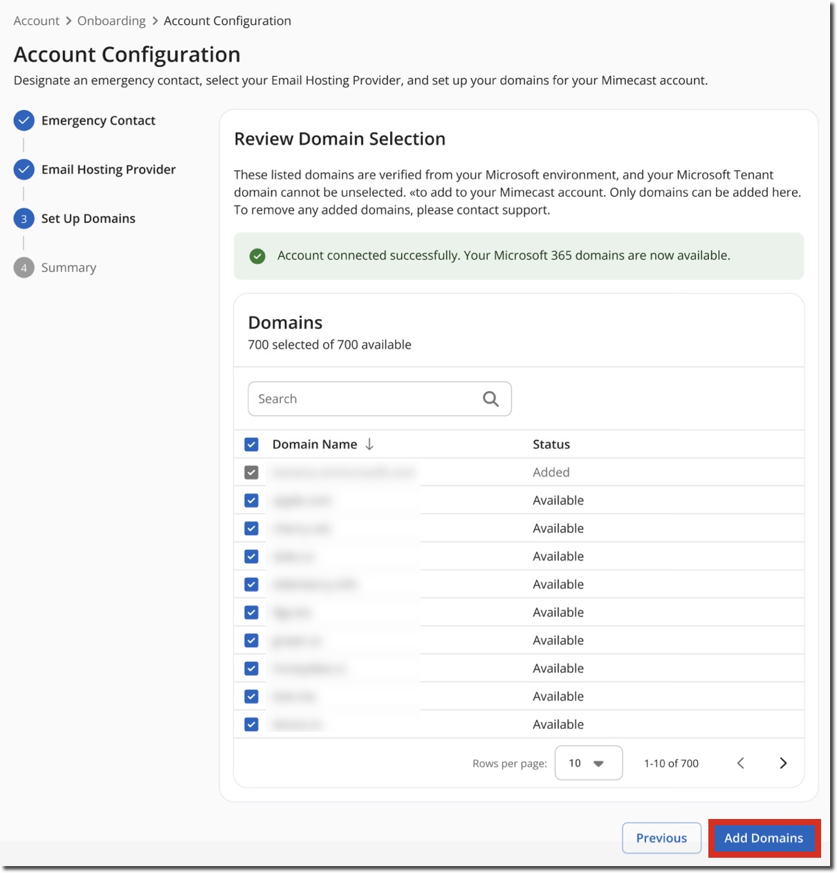 Account Configuration - Review Domain Selection
