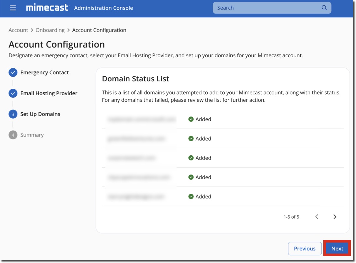 Account Configuration - Domain Status List