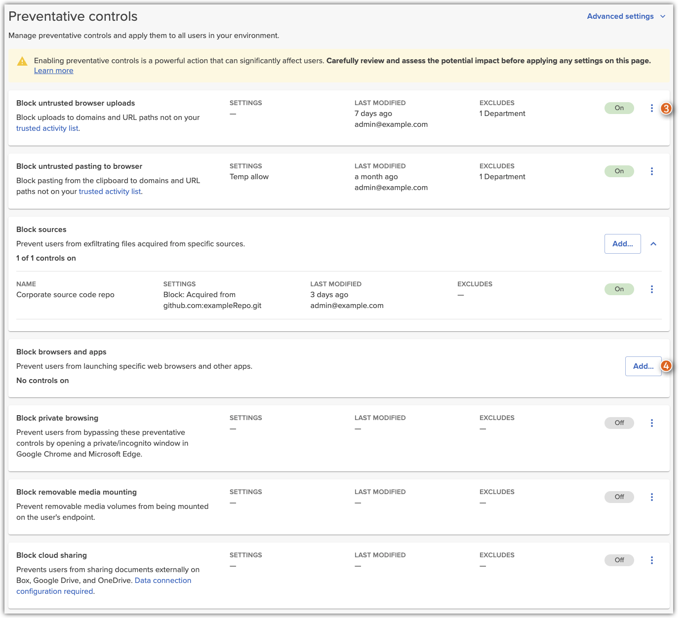 Global preventative controls settings