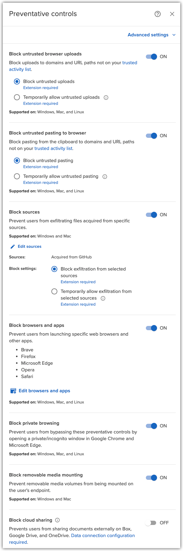 Watchlist preventative controls settings