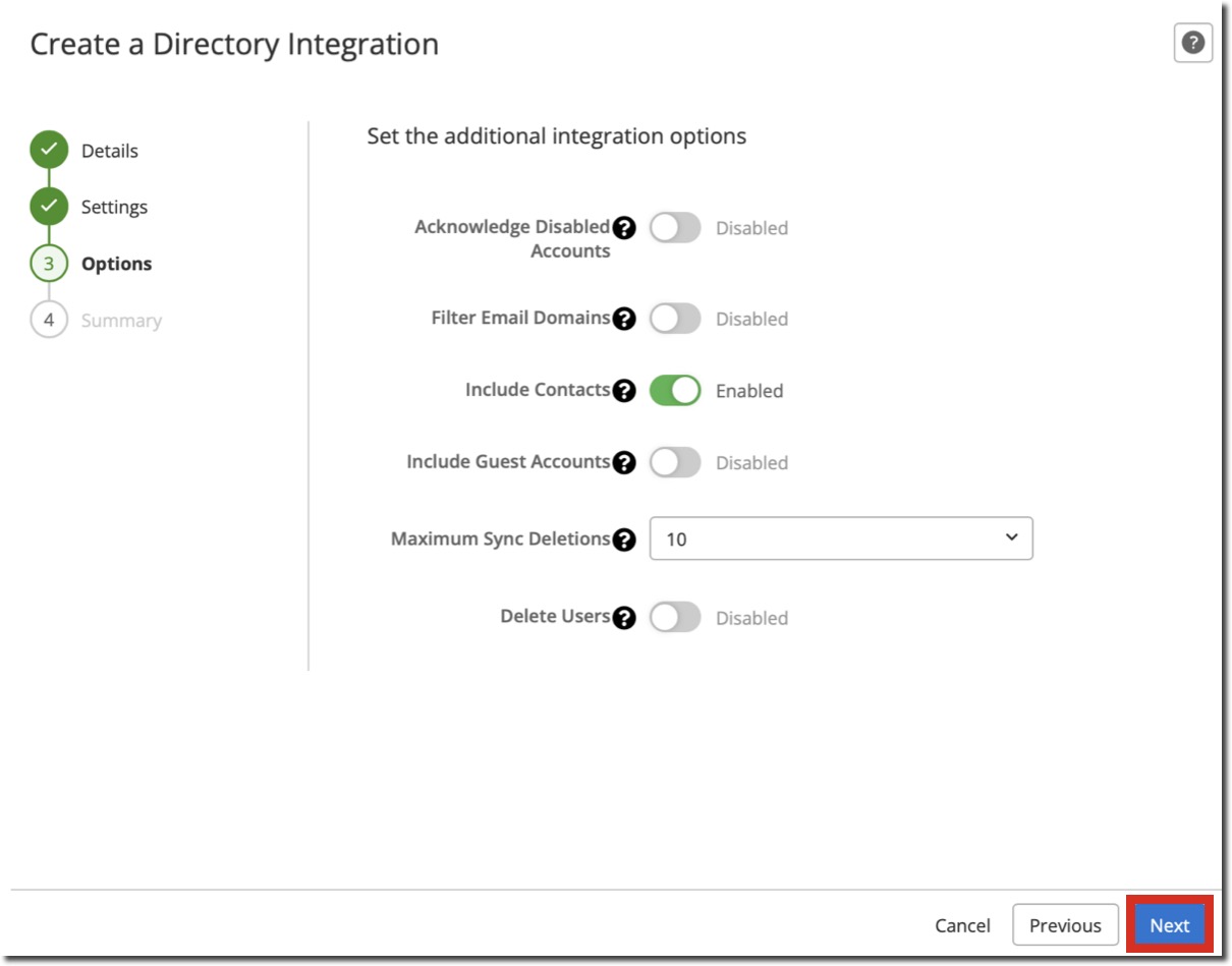 Create Directory Integration Options